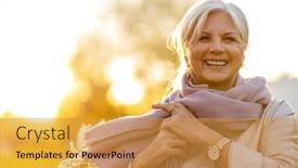  Presentation with autumn - Audience pleasing presentation theme consisting of senior-woman-enjoying-autumn-colors backdrop and a gold colored foreground