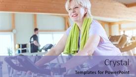  Presentation with senior fitness - Presentation theme having senior-woman-exercising-for-better background and a light blue colored foreground