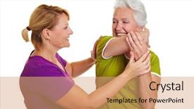  Presentation with senior fitness - PPT theme featuring senior woman exercising with personal fitness trainer background and a coral colored foreground