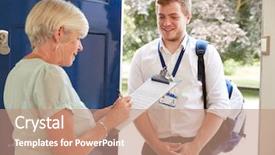  Presentation with survey - Presentation theme having senior woman filling in survey background and a coral colored foreground