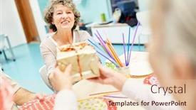  Presentation with retirement party - Presentation theme having senior-woman-gets-a-gift background and a lemonade colored foreground