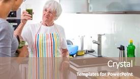  Presentation with modern color - Colorful PPT theme enhanced with senior woman grandmother cooking backdrop and a coral colored foreground