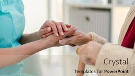  Presentation with caregiver - Audience pleasing slide deck consisting of senior-woman-hand-in-caregiver backdrop and a soft green colored foreground