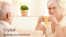  Presentation with purple morning fall - Slide set enhanced with senior woman having morning coffee background and a lemonade colored foreground