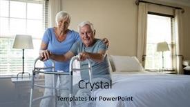  Presentation with helping man - Slide set consisting of senior woman helping man to walk with a walker at home background and a light blue colored foreground