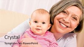  Presentation with baby girl - PPT theme with senior woman hold little baby background and a lemonade colored foreground