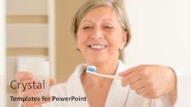  Presentation with toothpaste - Beautiful theme featuring senior woman hold toothbrush with toothpaste and glass of water backdrop and a lemonade colored foreground