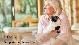  Presentation with senior living - Slide deck with senior-woman-holding-a-cat background and a coral colored foreground