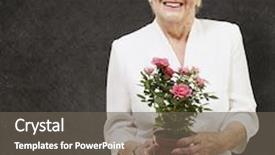  Presentation with grunge flower - PPT layouts with senior woman holding a flower pot against a grunge background background and a gray colored foreground