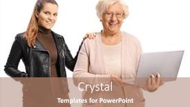  Presentation with computer - Cool new PPT theme with senior-woman-holding-a-laptop backdrop and a coral colored foreground