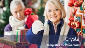  Presentation with credit card fraud fraud - Cool new PPT theme with senior woman holding credit card backdrop and a ocean colored foreground