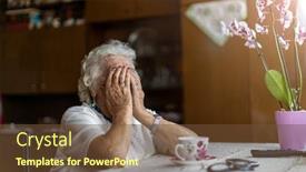  Presentation with despair - Presentation design enhanced with senior-woman-holding-head background and a tawny brown colored foreground