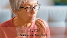  Presentation with water glass - Colorful presentation theme enhanced with senior-woman-holding-pill backdrop and a red colored foreground