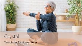  Presentation with online election - PPT theme with senior-woman-in-activewear-watching background and a coral colored foreground