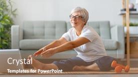  Presentation with laptop - Slide deck with senior-woman-in-activewear-watching background and a coral colored foreground