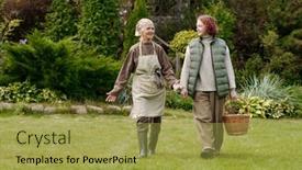  Presentation with green moving - Slide deck featuring senior-woman-in-casualwear-talking background and a yellow colored foreground