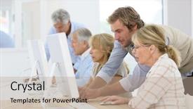  Presentation with helping - PPT theme enhanced with senior woman in computing class background and a  colored foreground