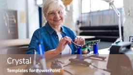  Presentation with electronics workshop - Presentation design consisting of senior-woman-in-electronics-workshop background and a coral colored foreground
