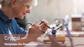  Presentation with electronics workshop - Slide set with electricity quality - senior woman in electronics workshop background and a violet colored foreground