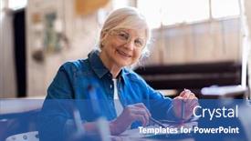  Presentation with electronics workshop - Presentation design featuring senior-woman-in-electronics-workshop background and a ocean colored foreground
