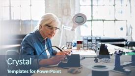  Presentation with electronics workshop - Beautiful PPT layouts featuring senior woman in electronics workshop backdrop and a ocean colored foreground