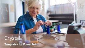  Presentation with electronics workshop - Colorful slide set enhanced with senior-woman-in-electronics-workshop backdrop and a coral colored foreground