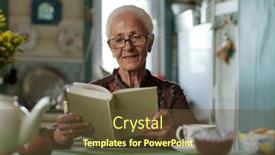 Presentation with novel - Slide set having senior-woman-in-eyeglasses-reading background and a tawny brown colored foreground