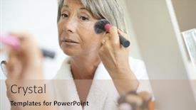  Presentation with makeup - Audience pleasing PPT layouts consisting of senior woman in front of mirror putting makeup backdrop and a coral colored foreground