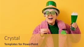  Presentation with saint patrick day - PPT layouts having senior-woman-in-leprechaun-hat background and a yellow colored foreground