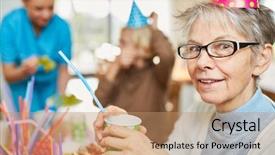  Presentation with retirement celebration - PPT theme having senior woman in retirement home background and a coral colored foreground