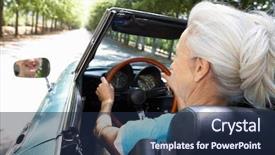  Presentation with sports car - Cool new slides with senior woman in sports car backdrop and a navy blue colored foreground