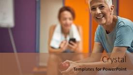  Presentation with workout - Presentation theme featuring senior-woman-in-sportswear-smiling background and a coral colored foreground