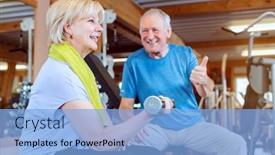  Presentation with senior fitness - Beautiful slides featuring senior-woman-in-the-gym backdrop and a light blue colored foreground