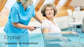  Presentation with elderly care - Colorful PPT theme enhanced with senior-woman-in-wheelchair backdrop and a light blue colored foreground