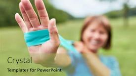  Presentation with stretch - Slide set having senior-woman-is-training background and a mint green colored foreground