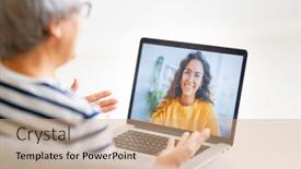 Presentation with remote - Colorful presentation theme enhanced with senior-woman-is-using-laptop backdrop and a coral colored foreground