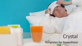  Presentation with medicament - Slide set having senior woman laid ill in the bed with medicament and pillows background and a coral colored foreground