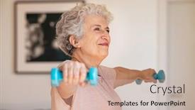  Presentation with weight lifting - PPT layouts having senior-woman-lifting-weights background and a soft green colored foreground