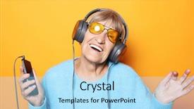  Presentation with yellow music - Audience pleasing PPT theme consisting of senior woman listening to music backdrop and a light blue colored foreground