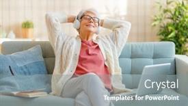  Presentation with music headphones - Audience pleasing presentation theme consisting of senior-woman-listening-to-music backdrop and a gray colored foreground