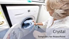  Presentation with loading - Colorful presentation theme enhanced with senior woman loading towel in washing machine at home backdrop and a light gray colored foreground