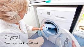  Presentation with loading - Cool new slides with senior woman loading towel in washing machine at home backdrop and a light blue colored foreground