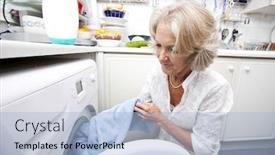  Presentation with loading - Slide set with senior woman loading washing machine at home background and a light blue colored foreground