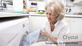  Presentation with loading - Amazing PPT theme having senior woman loading washing machine at home backdrop and a soft green colored foreground