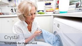  Presentation with loading - Audience pleasing PPT theme consisting of senior woman loading washing machine at home backdrop and a light blue colored foreground