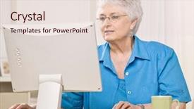  Presentation with operating systems computer - Amazing PPT theme having senior woman looking at computer backdrop and a  colored foreground