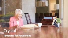  Presentation with photo album - Presentation design having woman looking at photo album background and a coral colored foreground