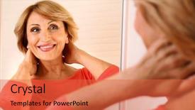  Presentation with man looking up happy - PPT theme with senior woman looking in mirror background and a red colored foreground