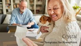  Presentation with bookkeeping - Presentation design with senior-woman-looks-contentedly background and a coral colored foreground
