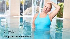  Presentation with aerobics - Slide set with senior woman makes healthy stretching for the neck during water aerobics background and a light blue colored foreground